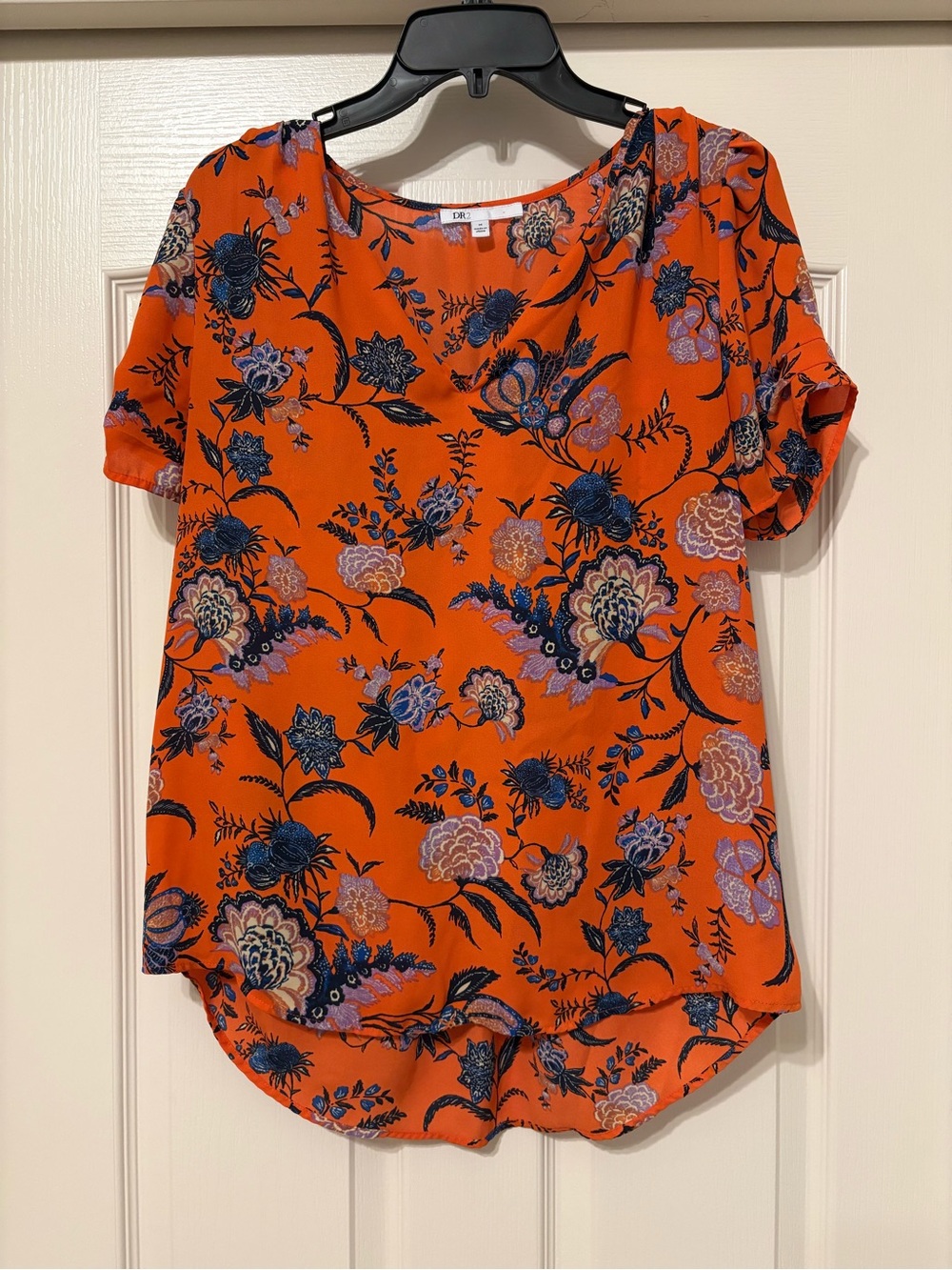 DR2 Orange Floral Scoop-Neck Blouse with Blue & Purple Print